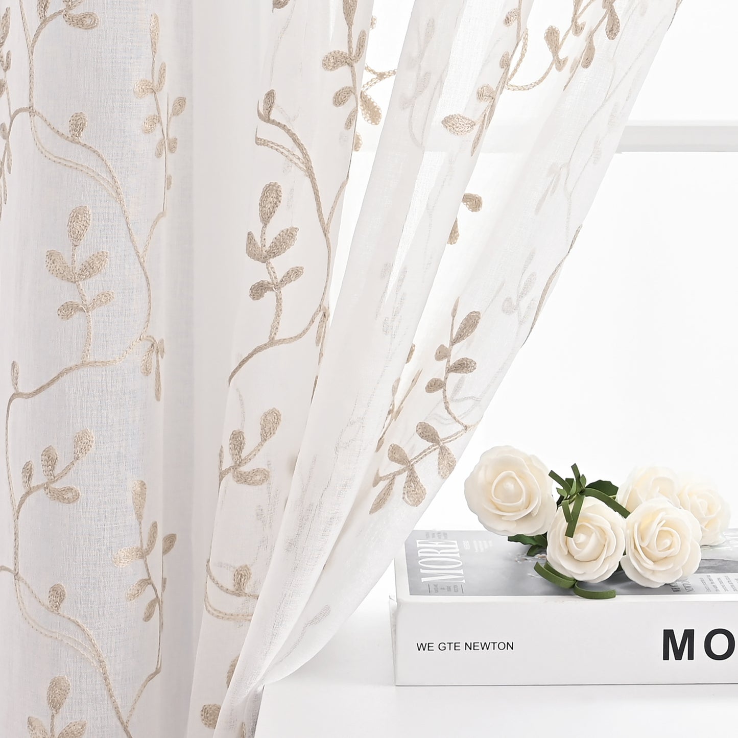 2x Embroidered White Sheer Curtains Panels Voile Embroidery Leaf