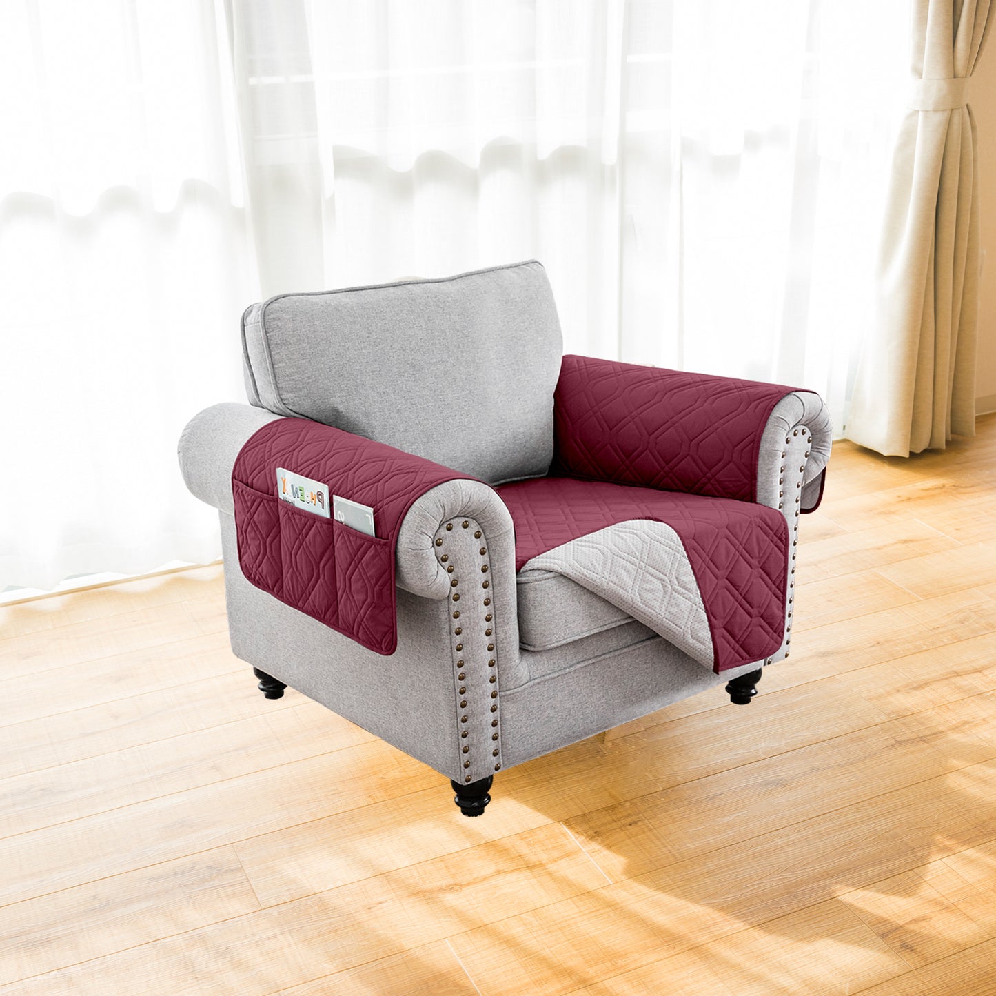 Recliner Sofa Cover Backless  for 1/2/3 Seater with Pocket, Slipcovers Reversible Washable Elastic Adjustable Strap for home,Red