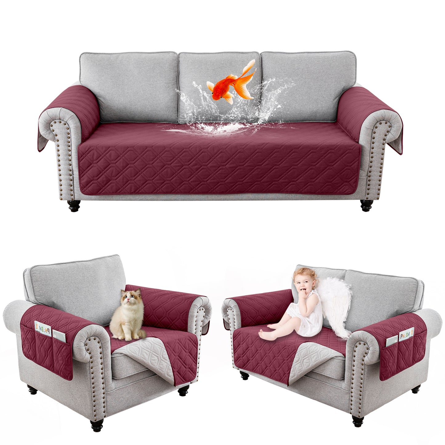Recliner Sofa Cover Backless  for 1/2/3 Seater with Pocket, Slipcovers Reversible Washable Elastic Adjustable Strap for home,Red