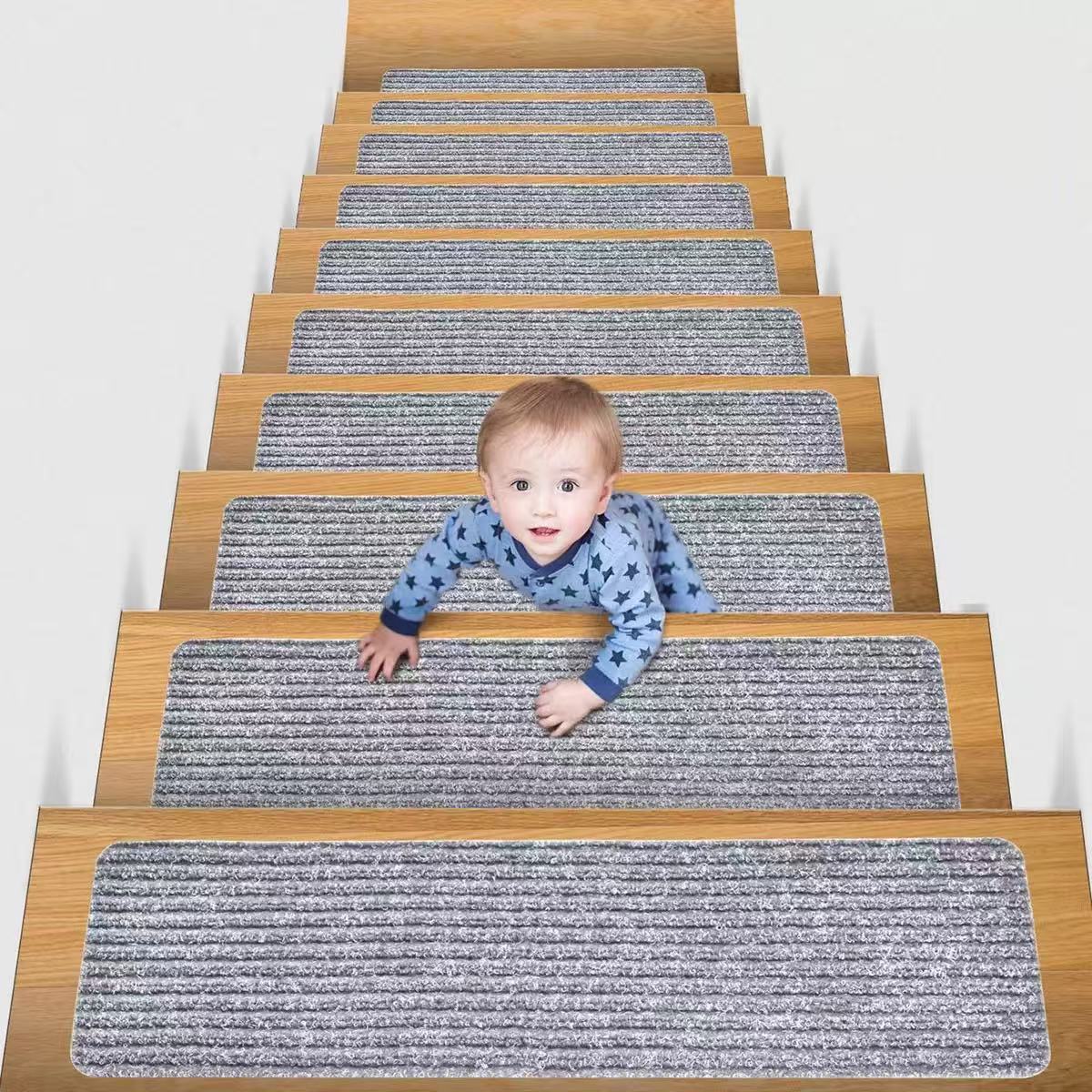 Stair Treads Carpet Non-Slip Indoor Stair Runners for Wooden Steps, Stair Rugs for Kids and Dogs, Set of 15, 8" X 30", Light Grey