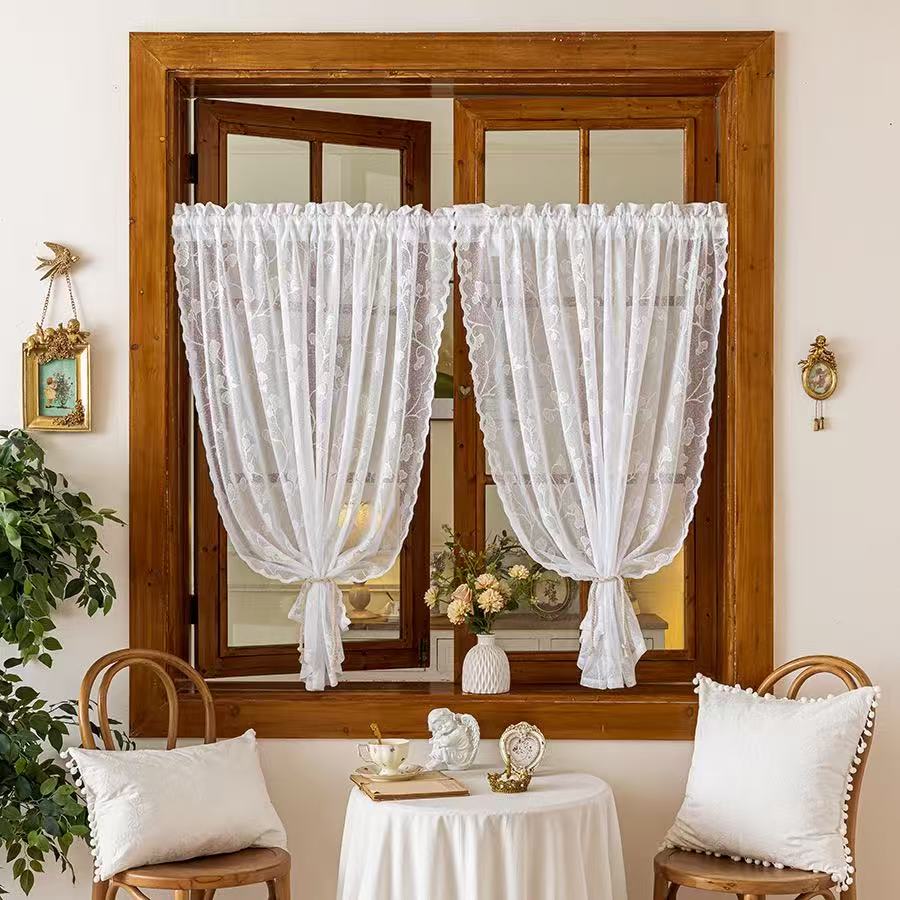 Vintage Lace Curtains Romantic Ginkgo biloba leaves pattern Curtains Panels for Kithchen Living Room French Door, White