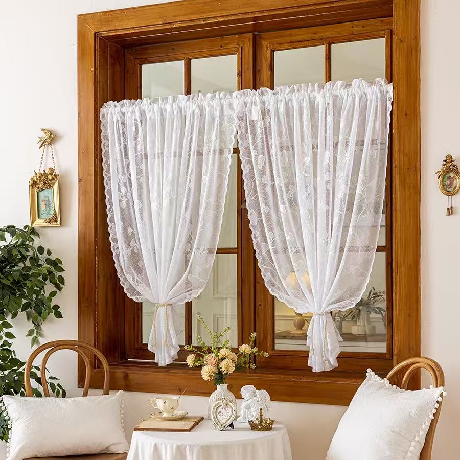 Vintage Lace Curtains Romantic Ginkgo biloba leaves pattern Curtains Panels for Kithchen Living Room French Door, White