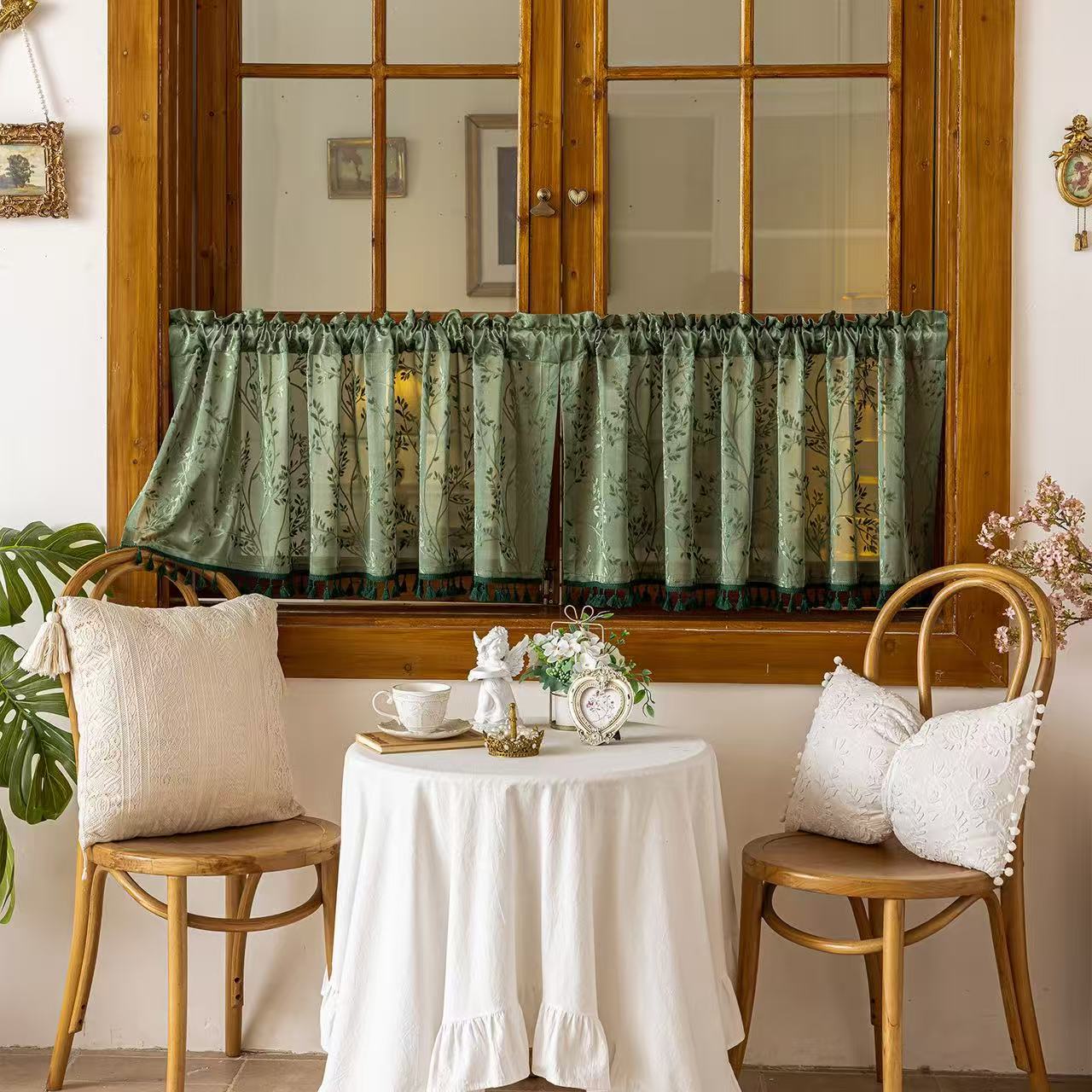 Green Valances for Windows, Small Window Curtains for Living Room Bathroom Laundry Basement, Modern Rod Pocket Semi Sheer Jacquard Curtains