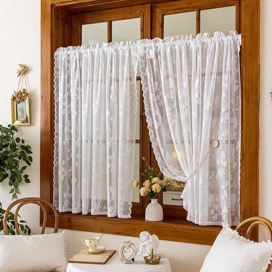 Vintage Lace Curtains Romantic Ginkgo biloba leaves pattern Curtains Panels for Kithchen Living Room French Door, White