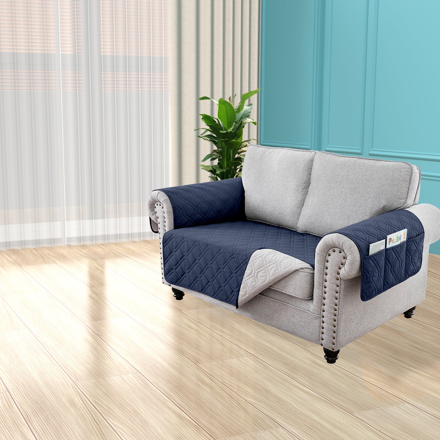 Recliner Sofa Cover Backless  for 1/2/3 Seater with Pocket, Slipcovers Reversible Washable Elastic Adjustable Strap for home,Navy