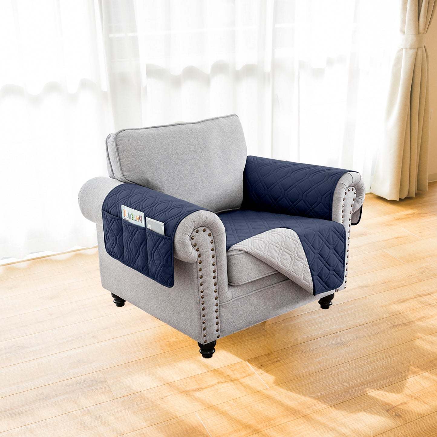 Recliner Sofa Cover Backless  for 1/2/3 Seater with Pocket, Slipcovers Reversible Washable Elastic Adjustable Strap for home,Navy