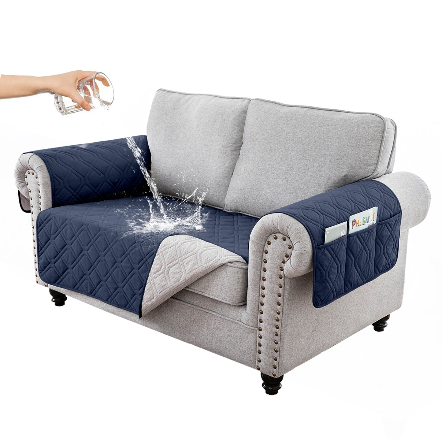 Recliner Sofa Cover Backless  for 1/2/3 Seater with Pocket, Slipcovers Reversible Washable Elastic Adjustable Strap for home,Navy