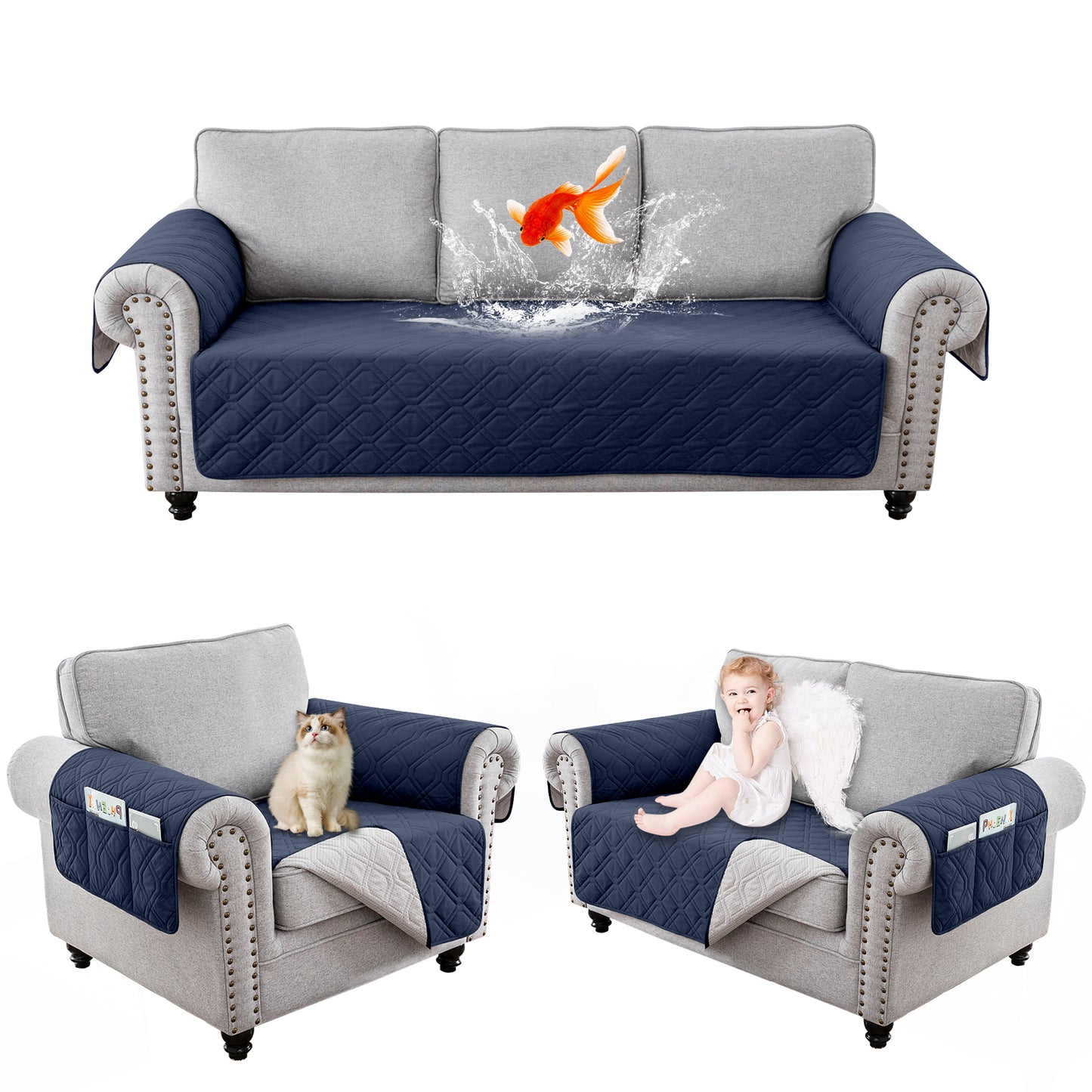 Recliner Sofa Cover Backless  for 1/2/3 Seater with Pocket, Slipcovers Reversible Washable Elastic Adjustable Strap for home,Navy