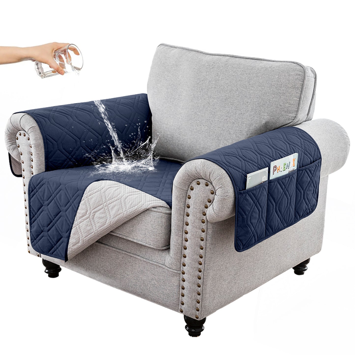 Recliner Sofa Cover Backless  for 1/2/3 Seater with Pocket, Slipcovers Reversible Washable Elastic Adjustable Strap for home,Navy