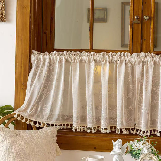 Beige Valances for Windows, Small Window Curtains for Living Room Bathroom Laundry Basement, Modern Rod Pocket Semi Sheer Jacquard Curtains