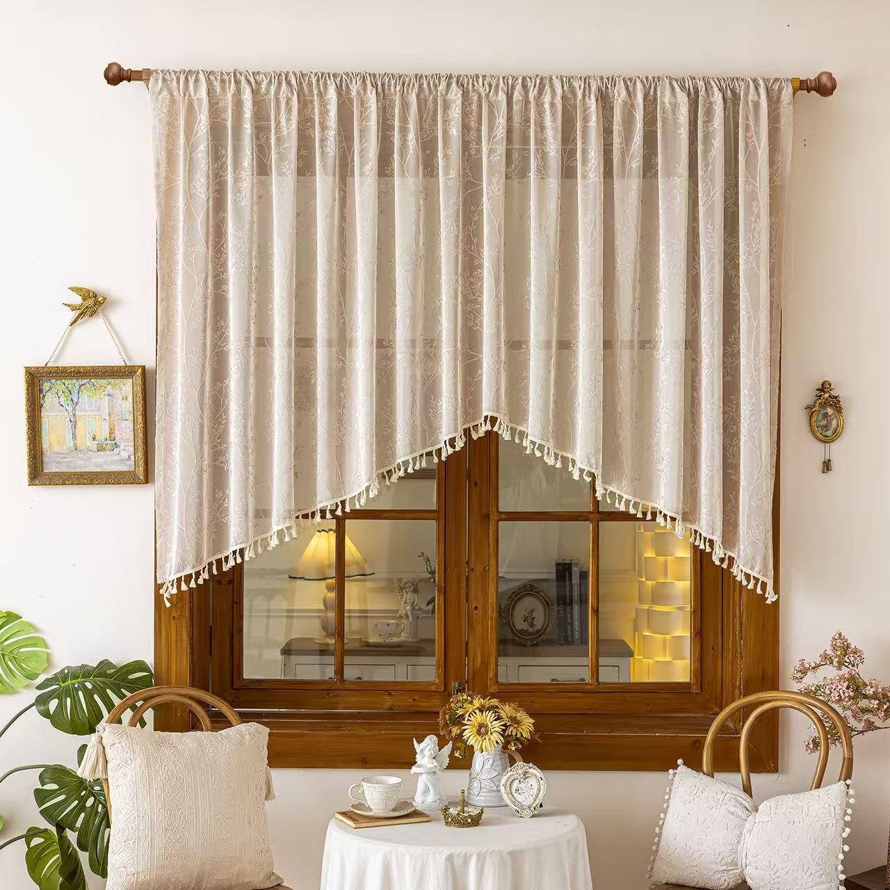Beige Lace Kitchen Curtain Valance Door Panel Rod Pocket Voile Window Treatment Tier for Bathroom Dining Room 1 Panel