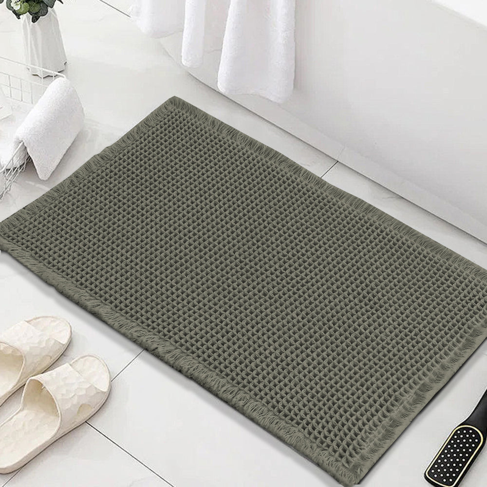 Waffle Bath Mat, Super Absorbent Non Slip Bath Mats for Bathroom Floor, Machine Washable Bathroom Rugs with Tassels,Ultra Soft,Olive