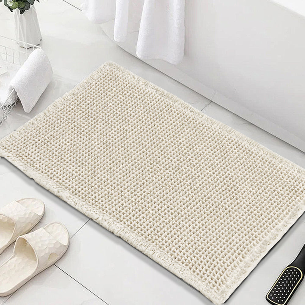 Waffle Bath Mat, Super Absorbent Non Slip Bath Mats for Bathroom Floor, Machine Washable Bathroom Rugs with Tassels,Ultra Soft,Beige