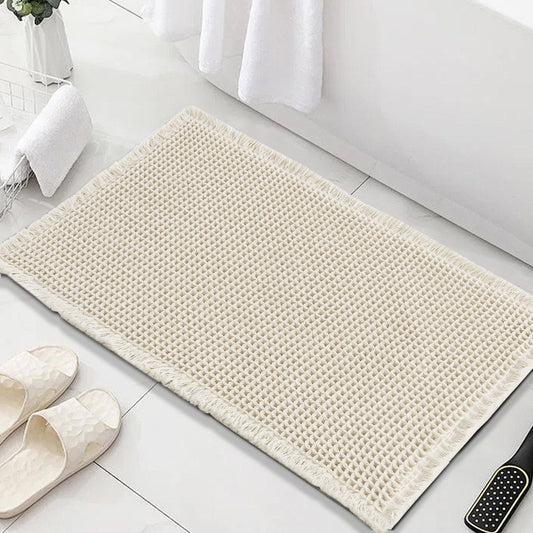 Waffle Bath Mat, Super Absorbent Non Slip Bath Mats for Bathroom Floor, Machine Washable Bathroom Rugs with Tassels,Ultra Soft,Beige