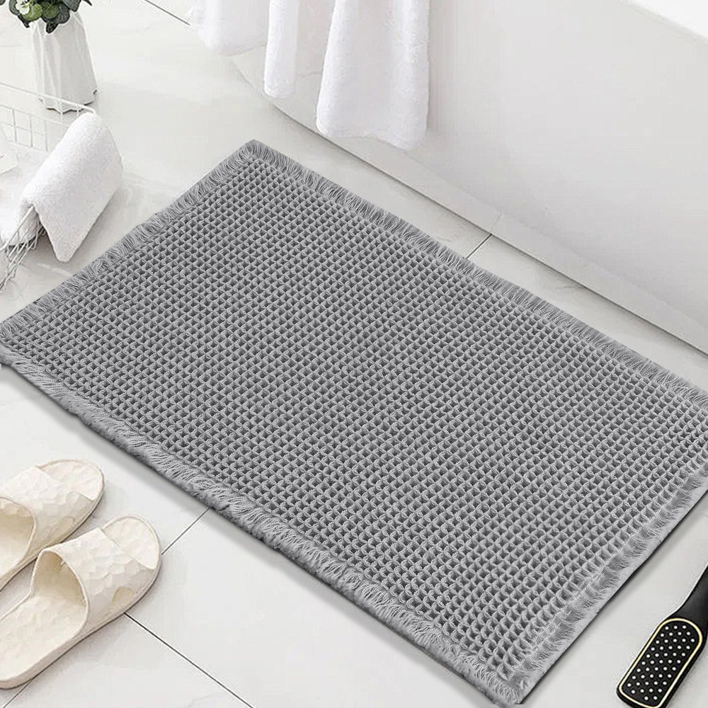 Waffle Bath Mat, Super Absorbent Non Slip Bath Mats for Bathroom Floor, Machine Washable Bathroom Rugs with Tassels,Ultra Soft,Smog