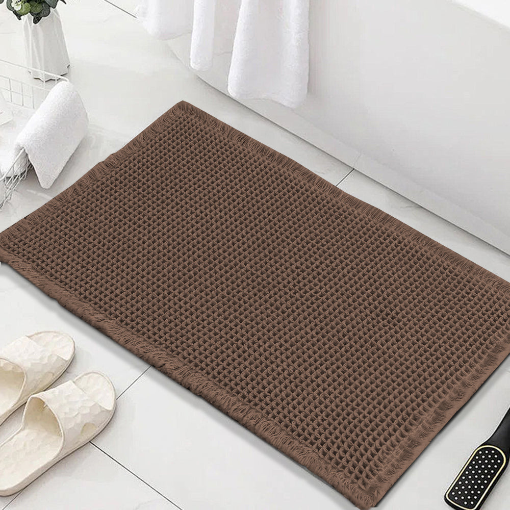 Waffle Bath Mat, Super Absorbent Non Slip Bath Mats for Bathroom Floor, Machine Washable Bathroom Rugs with Tassels,Ultra Soft,Coffee