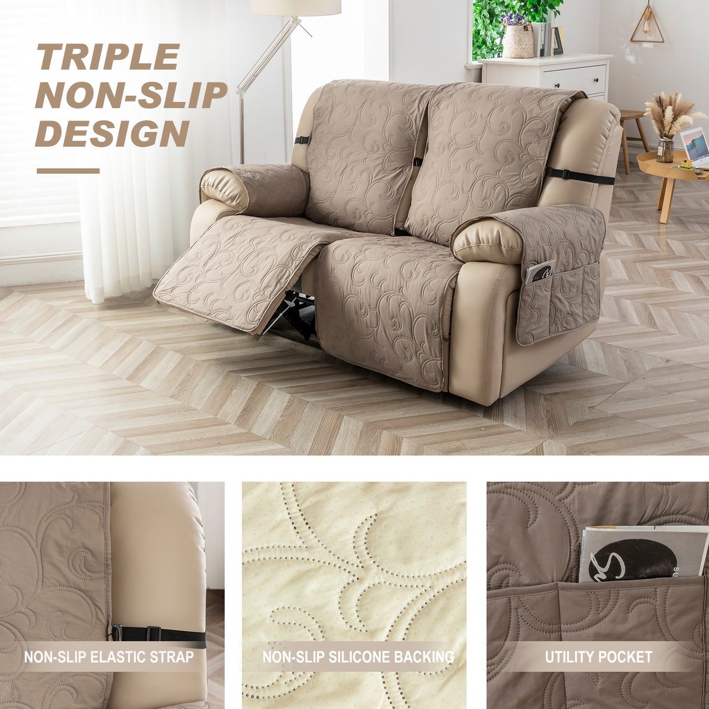Waterproof Recliner Sofa Covers 3 Seater, Non-Slip Reclining Couch Covers for 3 Seat, Reclining Sofa Covers for Living Room, for Pets Kids Protector, Washable (Taupe)