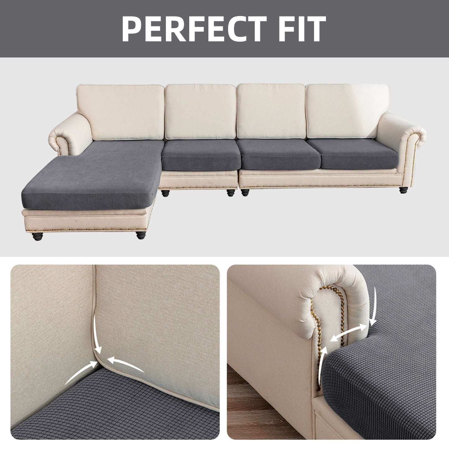 Sectional Couch Covers 4 Pieces Sofa Seat Cushion Covers L Shape Separate Cushion Couch Chaise Cover for Both Left/Right Sectional Couch (Large Sofa 3 Seater + 1 Chaise, Grey)