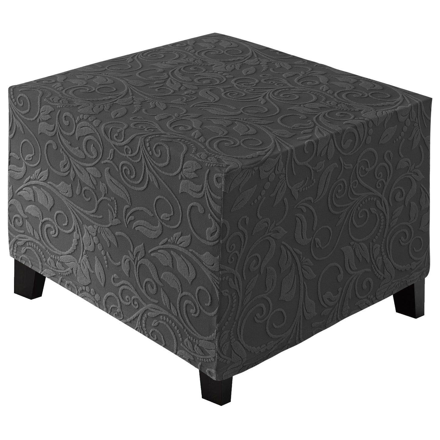 Stretch Square Ottoman Cover Jacquard Embroidery  Folding Storage Stool Furniture Protector Soft Rectangle slipcover with Elastic Bottom ,Dark Grey