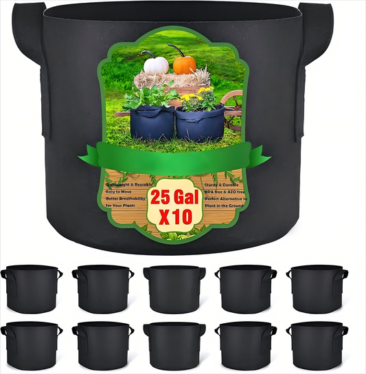 10-Pack 25 Gallon Grow Bags, Aeration Fabric Pots with Handles, Heavy Duty Cloth Pots for Plants