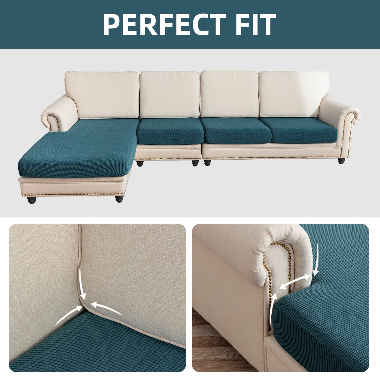 Sectional Couch Covers 4 Pieces Sofa Seat Cushion Covers L Shape Separate Cushion Couch Chaise Cover for Both Left/Right Sectional Couch (Large Sofa 3 Seater + 1 Chaise, Dark Teal)