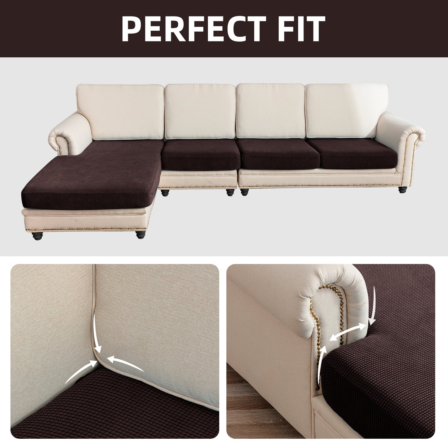 Sectional Couch Covers 4 Pieces Sofa Seat Cushion Covers L Shape Separate Cushion Couch Chaise Cover for Both Left/Right Sectional Couch (Large Sofa 3 Seater + 1 Chaise, Brown)