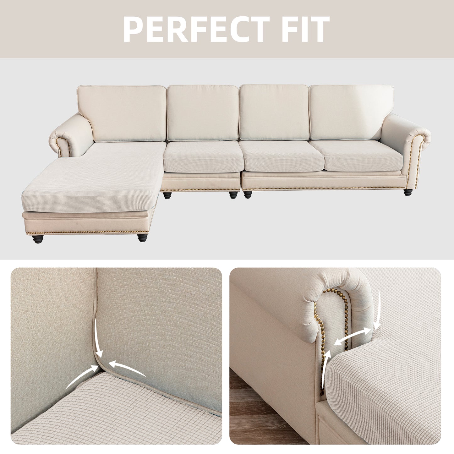 Sectional Couch Covers 4 Pieces Sofa Seat Cushion Covers L Shape Separate Cushion Couch Chaise Cover for Both Left/Right Sectional Couch (Large Sofa 3 Seater + 1 Chaise, Ivory)