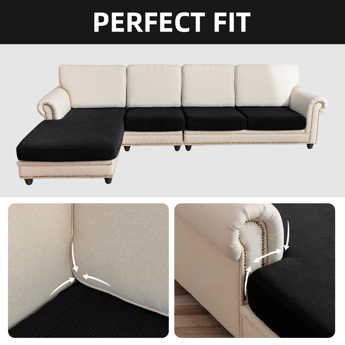 Sectional Couch Covers 4 Pieces Sofa Seat Cushion Covers L Shape Separate Cushion Couch Chaise Cover for Both Left/Right Sectional Couch (Large Sofa 3 Seater + 1 Chaise, Black)
