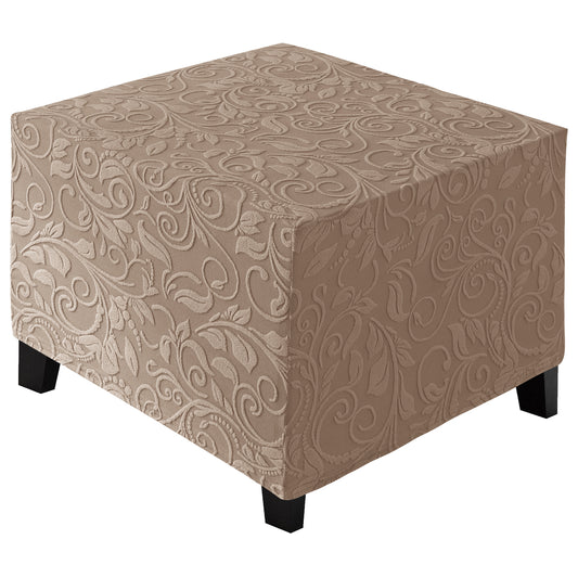 Stretch Square Ottoman Cover Jacquard Embroidery  Folding Storage Stool Furniture Protector Soft Rectangle slipcover with Elastic Bottom ,Light Brown