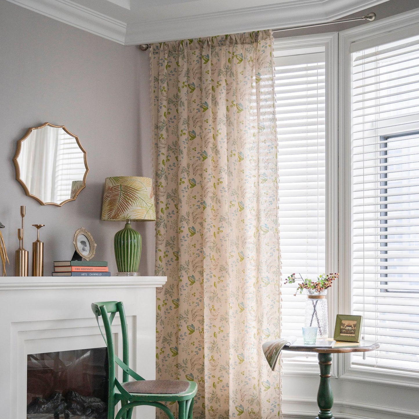 Bohemian style floral beige tassel semi shading with rod curtains for living room, bedroom, 2 pieces