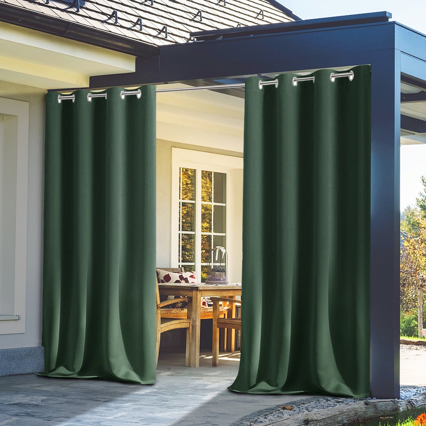 2 Pieces Solid Indoor/Outdoor Light Filtering,Waterproof Grommet Top Curtain Panel, Drak Green