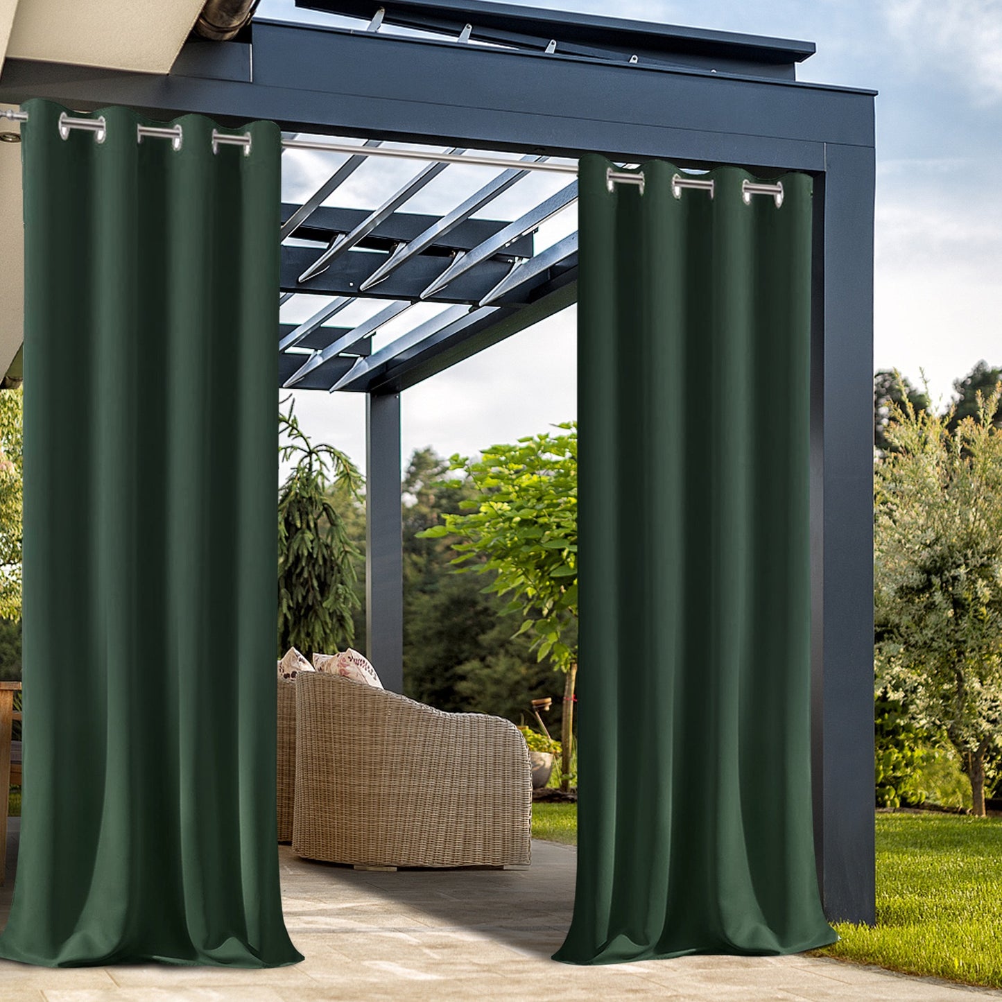 2 Pieces Solid Indoor/Outdoor Light Filtering,Waterproof Grommet Top Curtain Panel, Drak Green