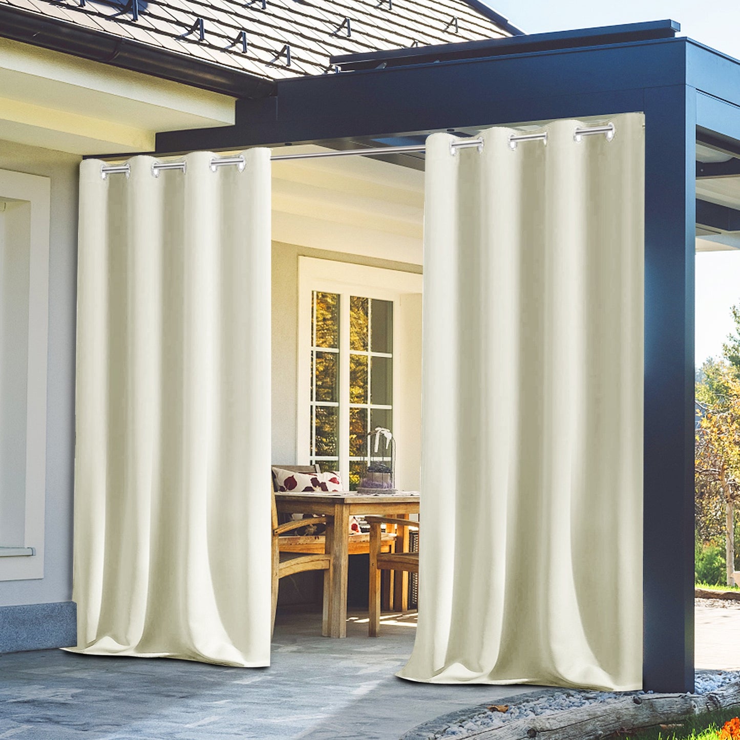 2 Pieces Solid Indoor/Outdoor Light Filtering,Waterproof Grommet Top Curtain Panel, Beige