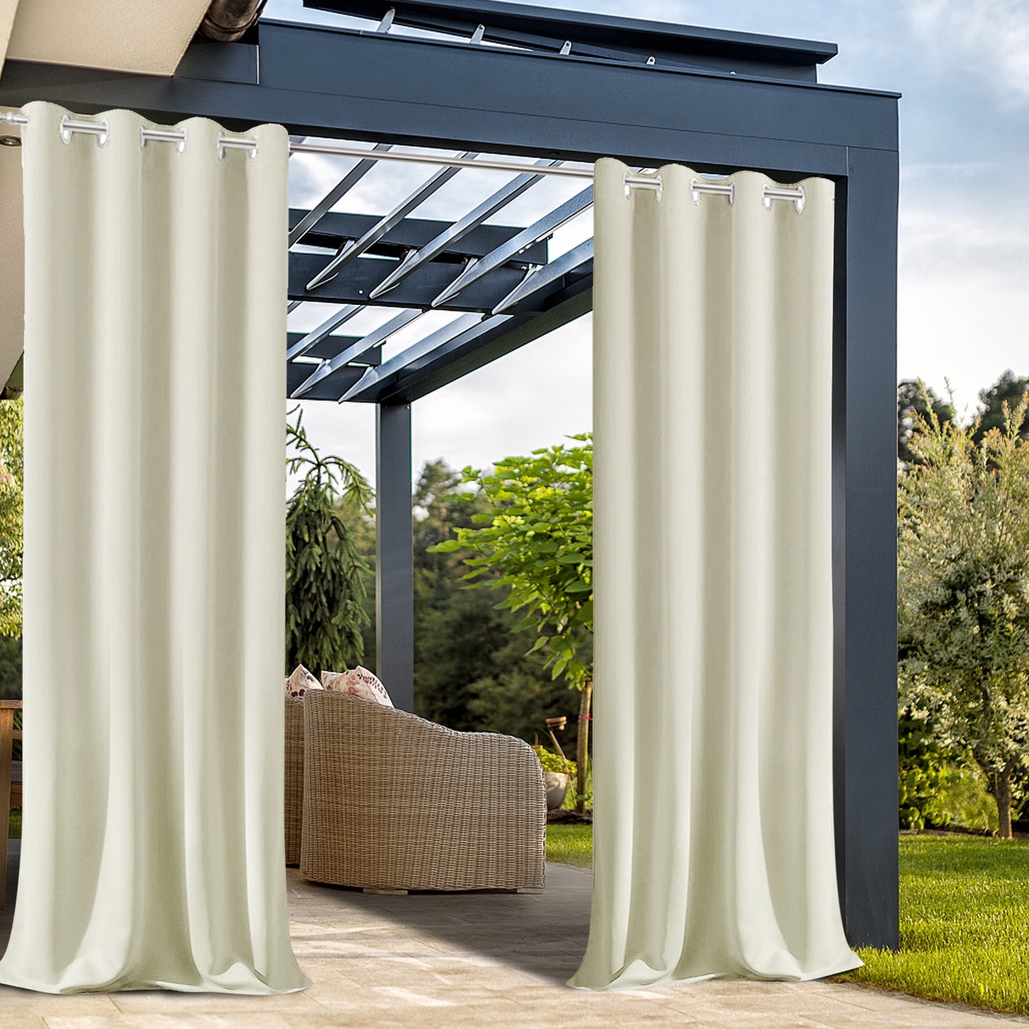 2 Pieces Solid Indoor/Outdoor Light Filtering,Waterproof Grommet Top Curtain Panel, Beige