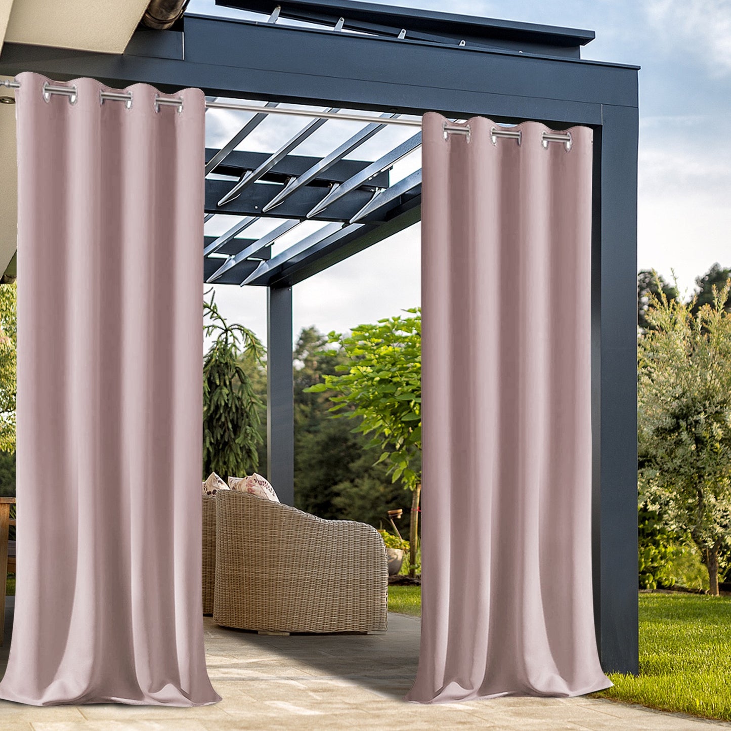 2 Pieces Solid Indoor/Outdoor Light Filtering,Waterproof Grommet Top Curtain Panel,Red Bean