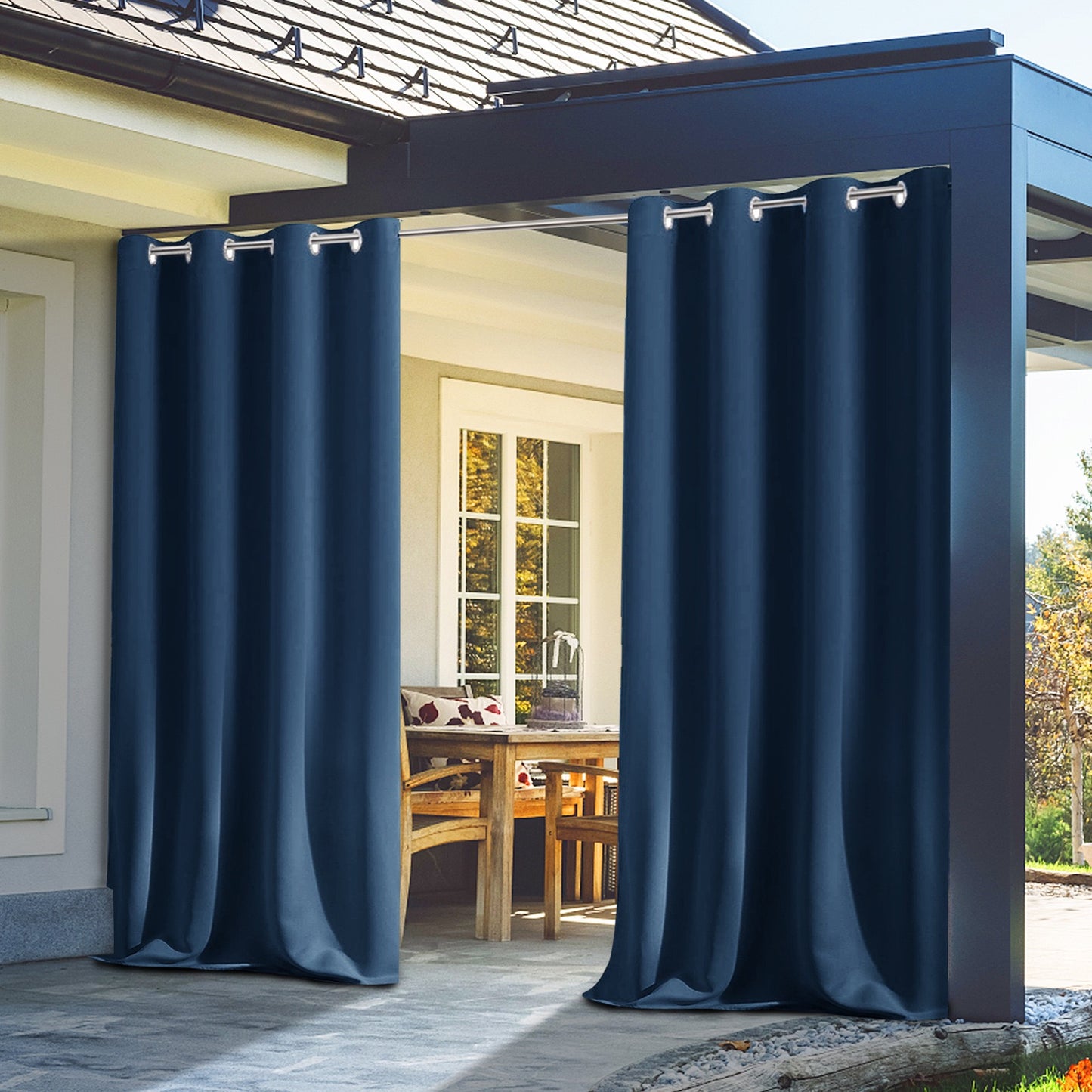 2 Pieces Solid Indoor/Outdoor Light Filtering,Waterproof Grommet Top Curtain Panel,Navy