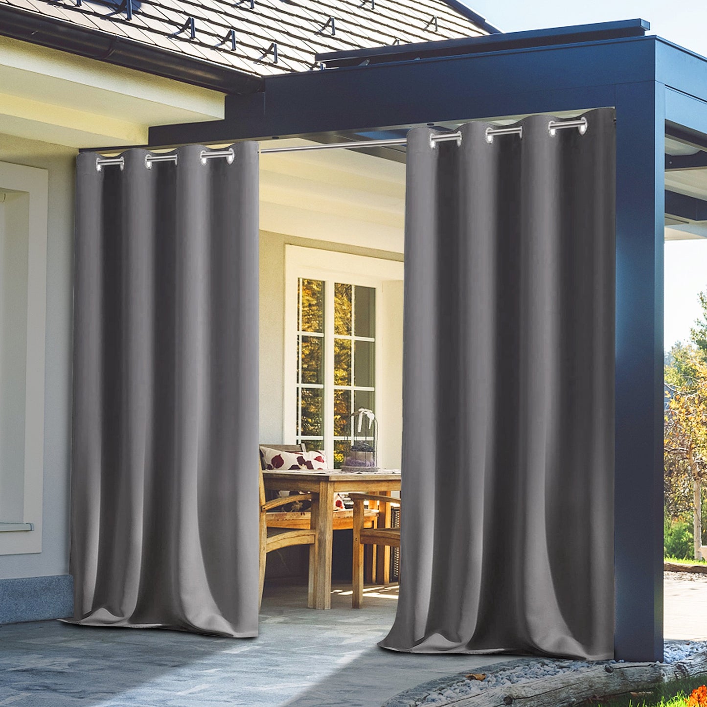 2 Pieces Solid Indoor/Outdoor Light Filtering,Waterproof Grommet Top Curtain Panel,Grey