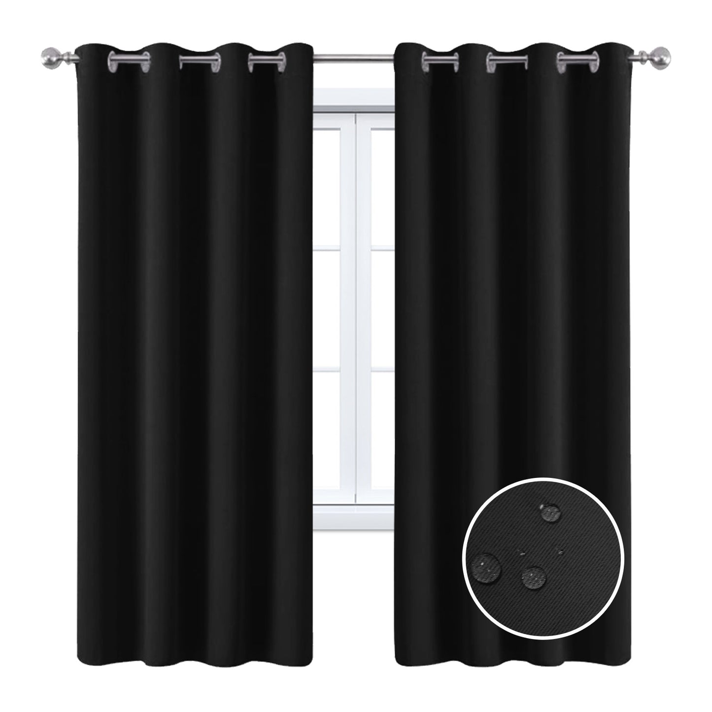 2 Pieces Solid Indoor/Outdoor Light Filtering,Waterproof Grommet Top Curtain Panel, Black