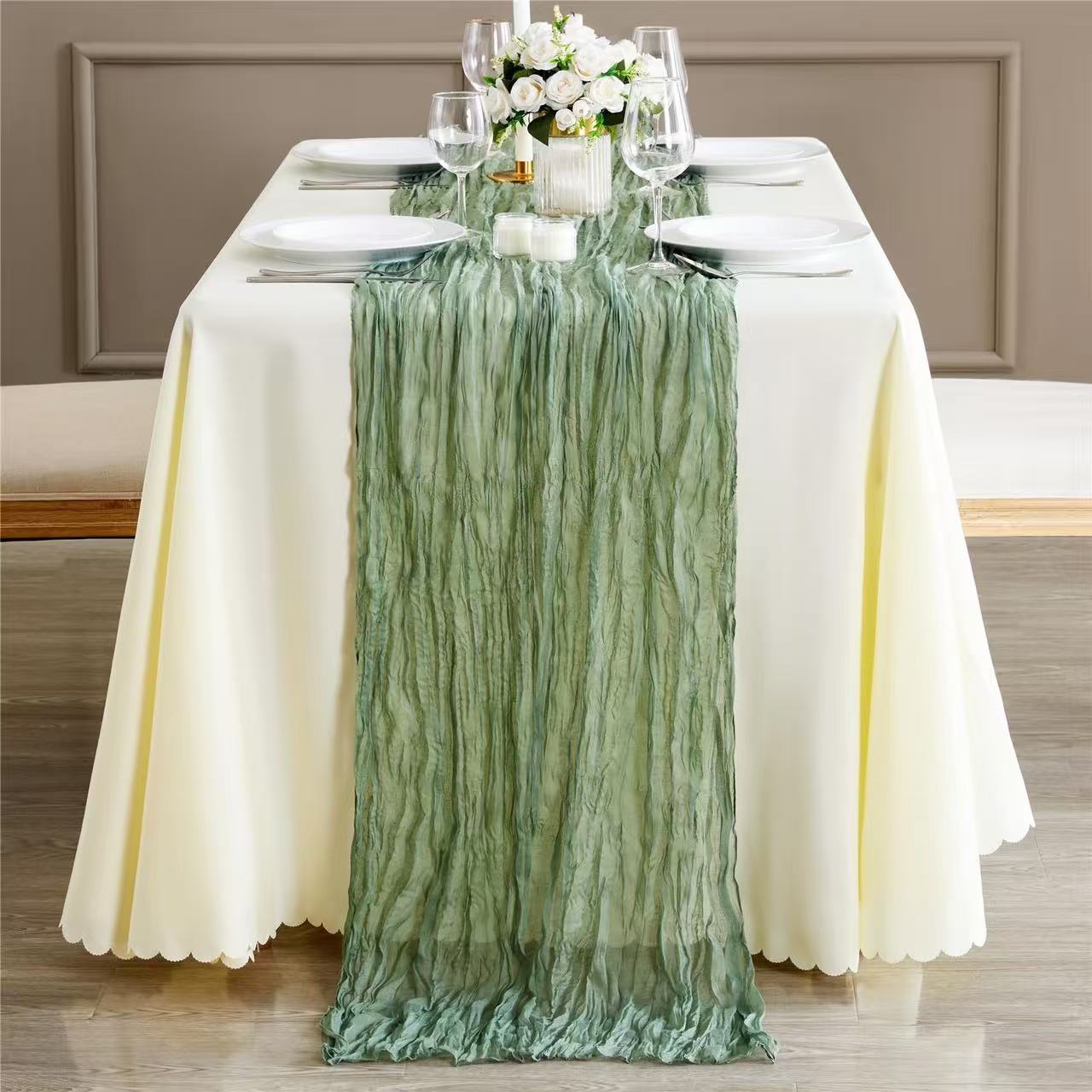 Cheesecloth Table Runner Boho Chic Gauze Semi-Sheer Halloween Tablecloth for Wedding Celebrations for Banquet  Holiday Decorations,Sage