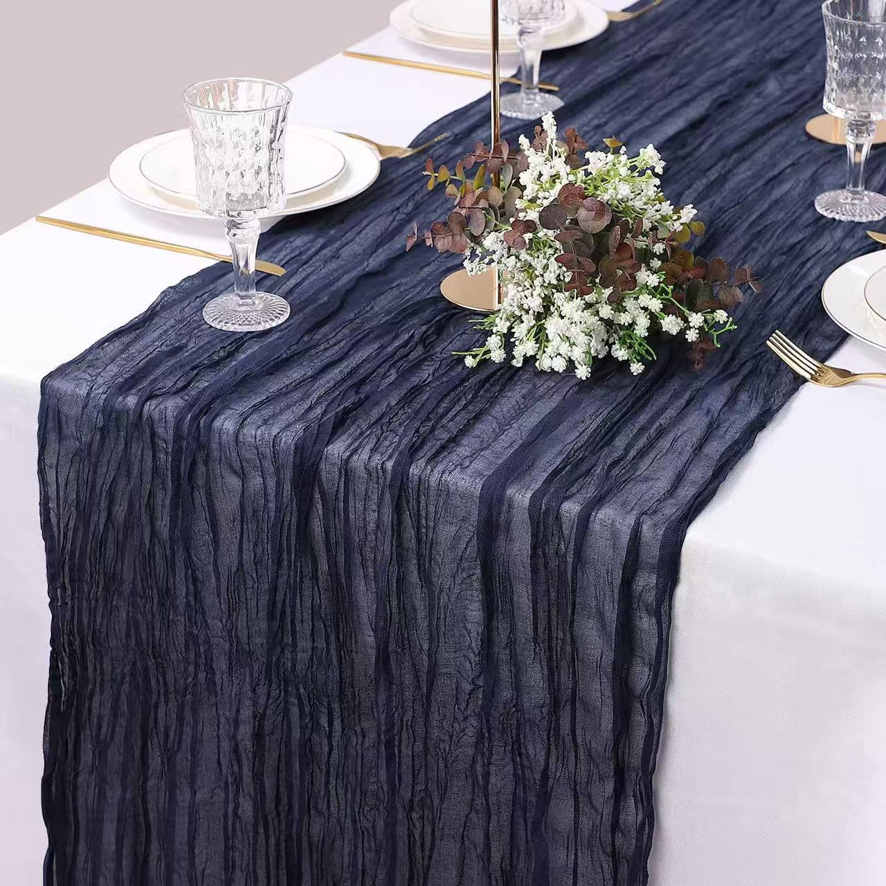 Cheesecloth Table Runner Boho Chic Gauze Semi-Sheer Halloween Tablecloth for Wedding Celebrations for Banquet  Holiday Decorations,Navy