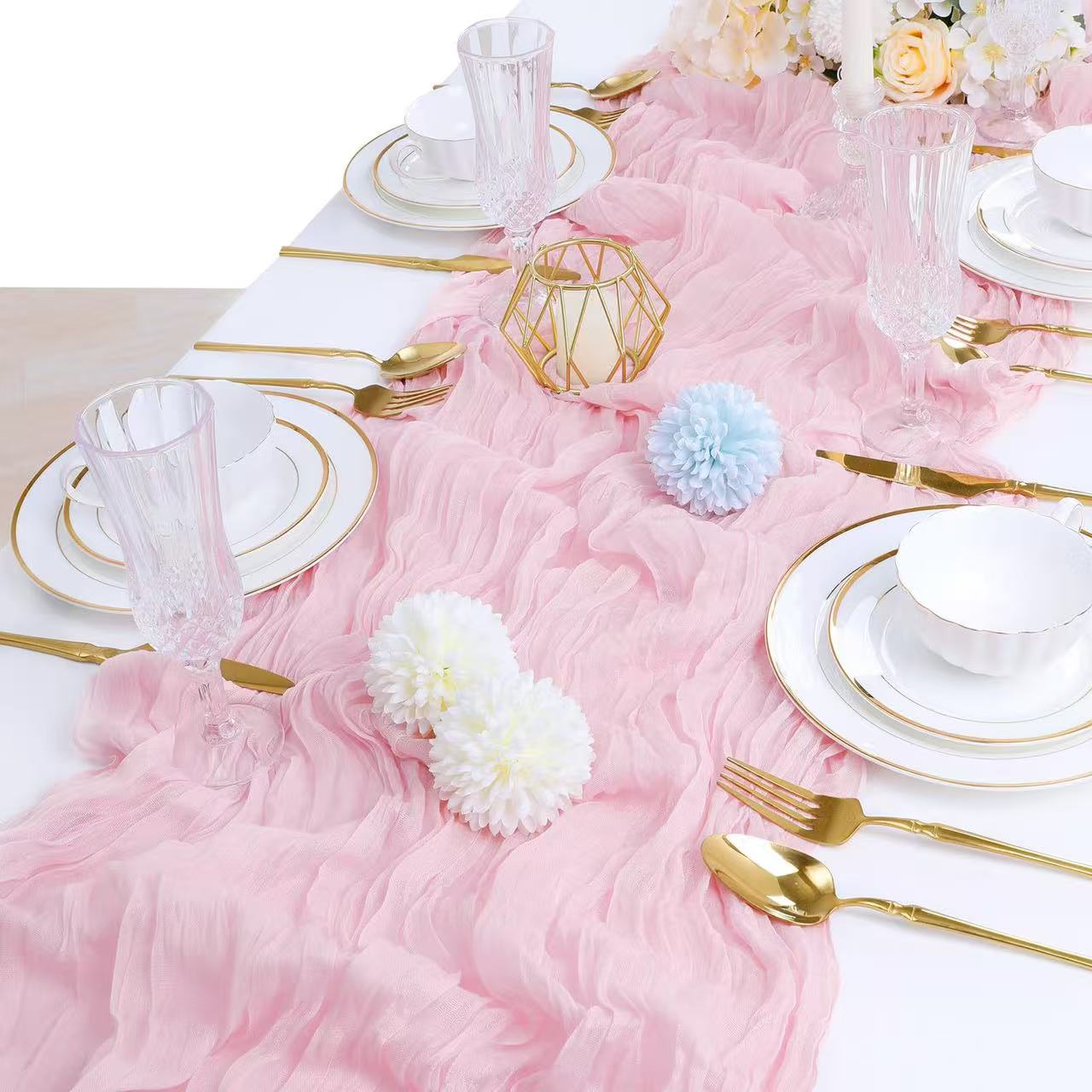 Cheesecloth Table Runner Boho Chic Gauze Semi-Sheer Halloween Tablecloth for Wedding Celebrations for Banquet  Holiday Decorations,Pink