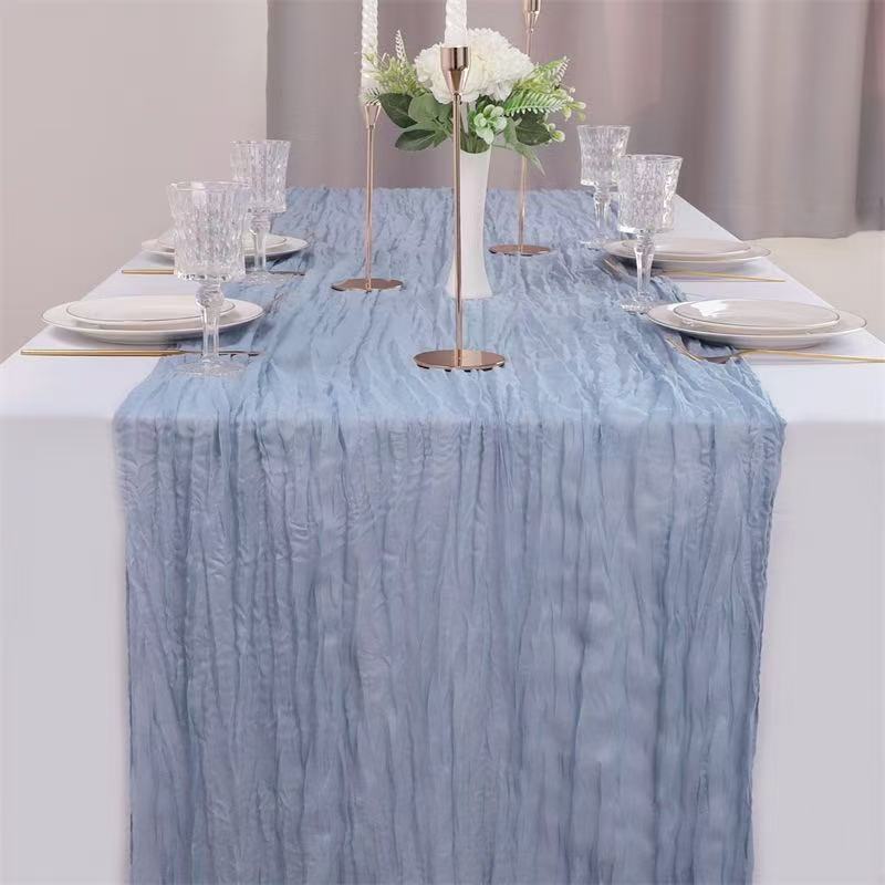 Cheesecloth Table Runner Boho Chic Gauze Semi-Sheer Halloween Tablecloth for Wedding Celebrations for Banquet  Holiday Decorations,Grey Blue