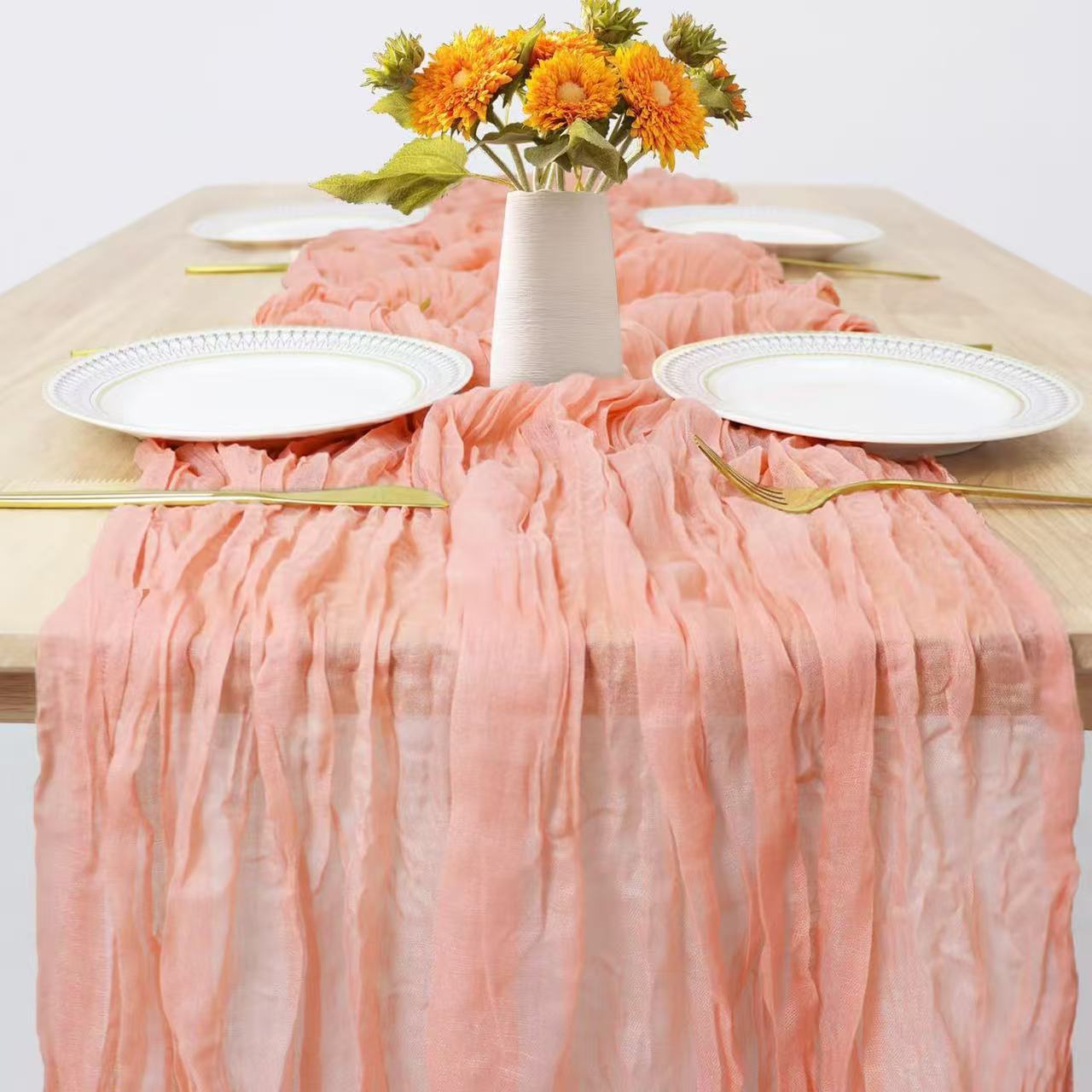 Cheesecloth Table Runner Boho Chic Gauze Semi-Sheer Halloween Tablecloth for Wedding Celebrations for Banquet  Holiday Decorations,Coral