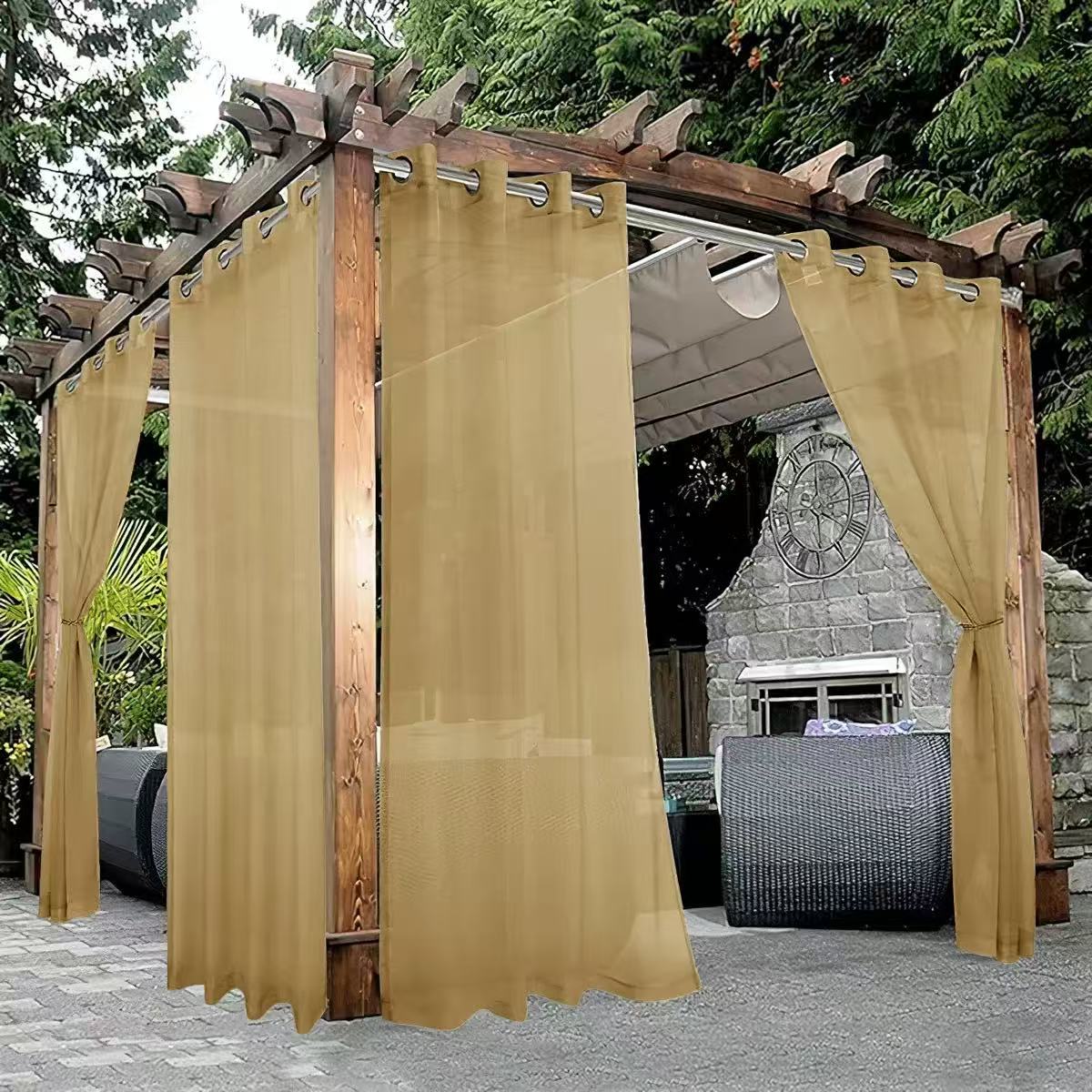 Gold Outdoor Sheer Curtains for Patio Waterproof - 2 Panels Grommet Indoor Voile Sheer Curtain for Living Room, Bedroom, Porch, Pergola, Cabana,Gold