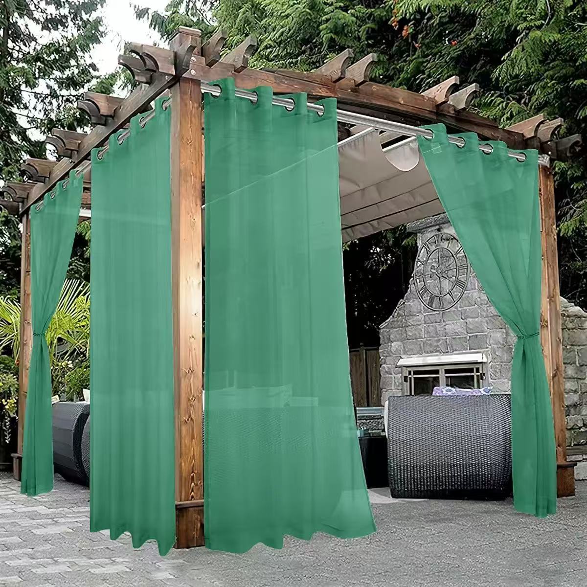 Green Outdoor Sheer Curtains for Patio Waterproof - 2 Panels Grommet Indoor Voile Sheer Curtain for Living Room, Bedroom, Porch, Pergola, Cabana,Green