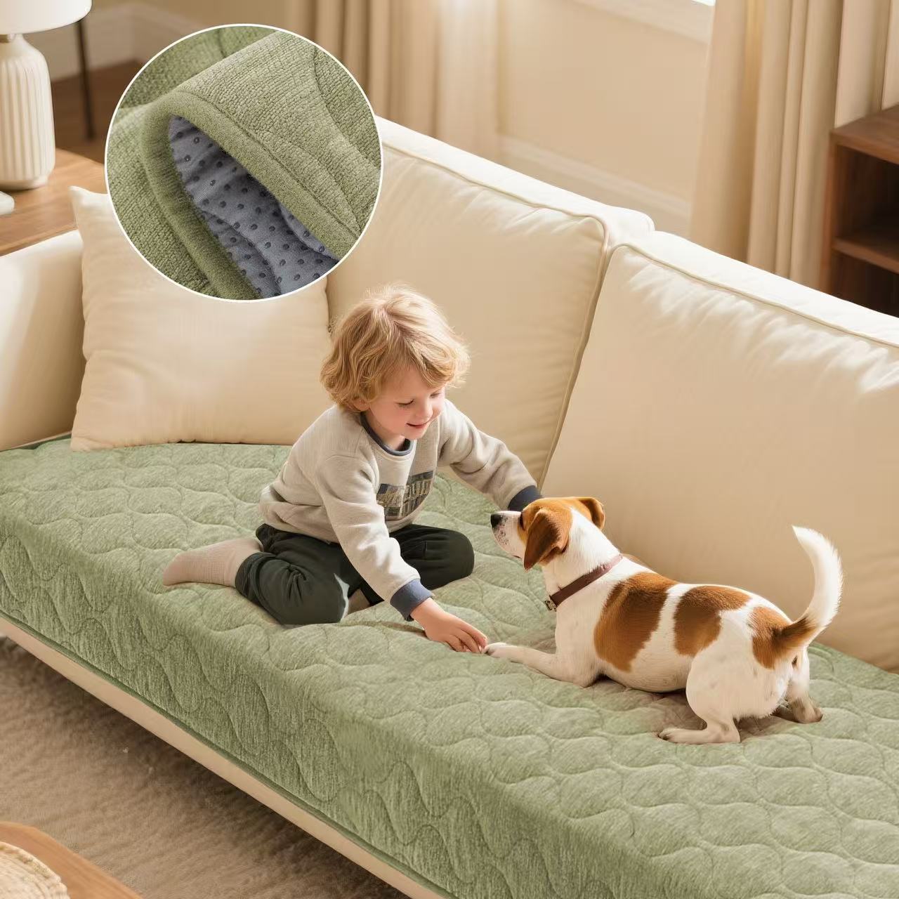Couch Cover Chenille Pet Fuzzy Sofa Covers for Cushion Couch Anti Slip Washable with Strap Soft Couch Protector Cover for Dogs Cats Kids,Green