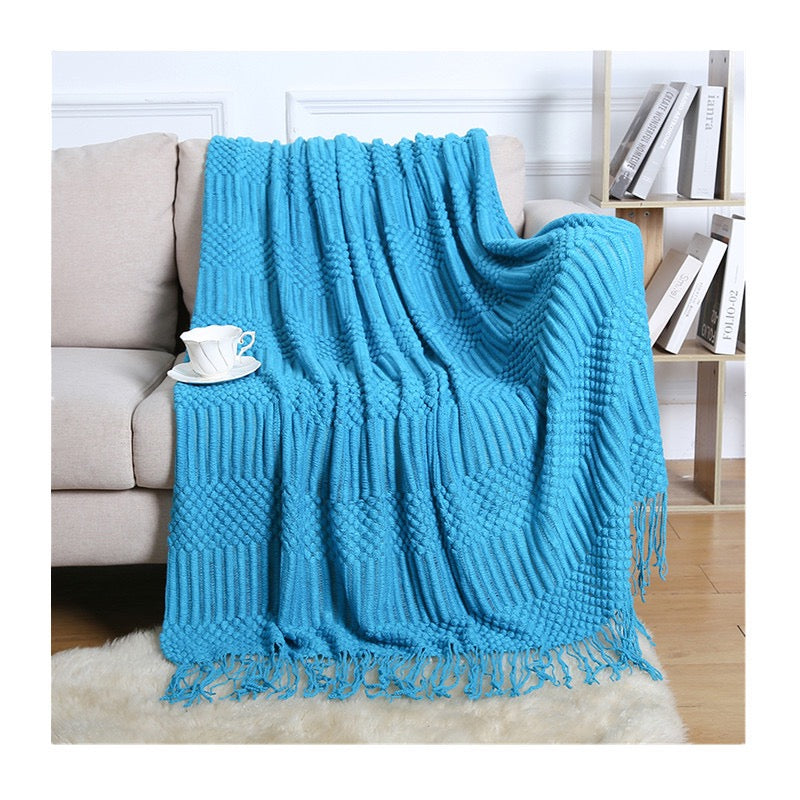 Textured throw blanket solid soft for sofa couch decorative knitted blanket, Peacock Blue