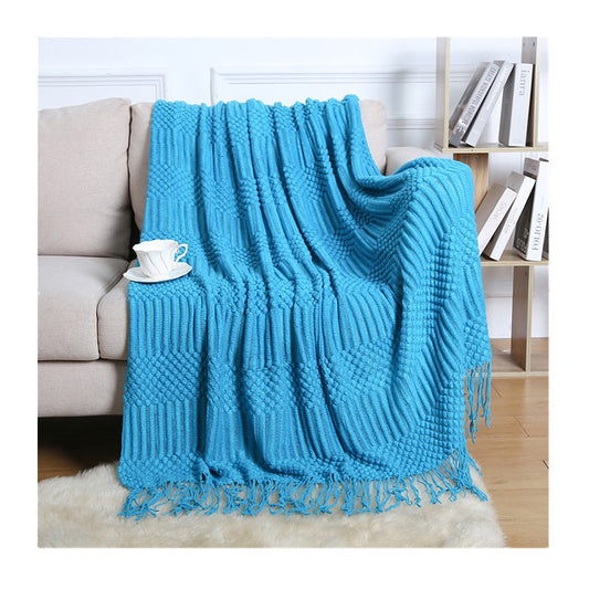 Textured throw blanket solid soft for sofa couch decorative knitted blanket, Peacock Blue