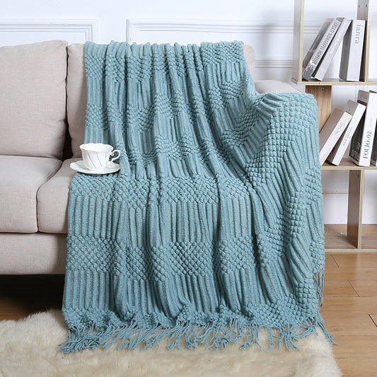 Textured throw blanket solid soft for sofa couch decorative knitted blanket, Lake Green