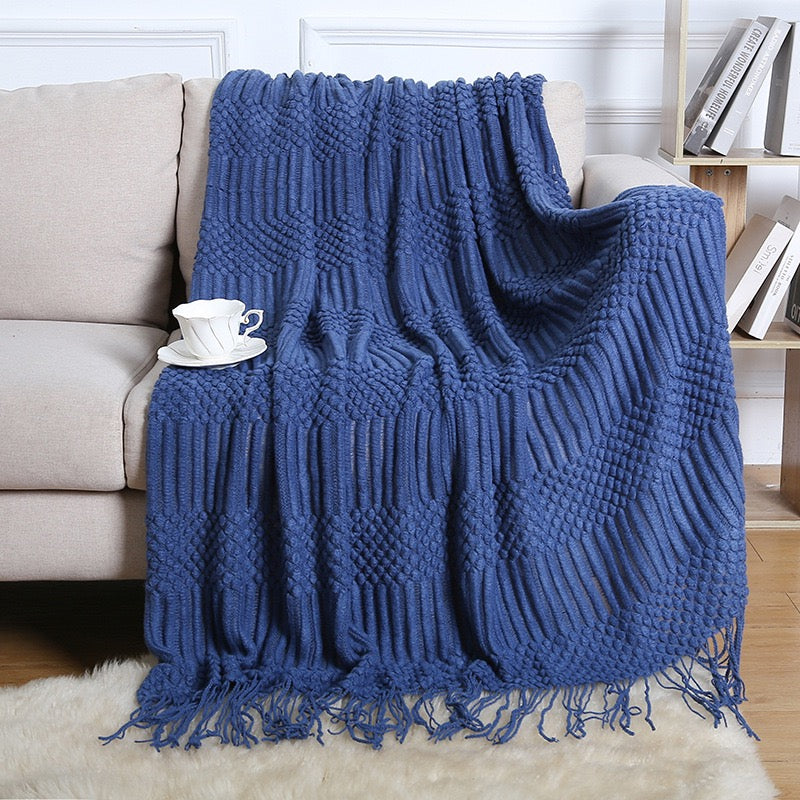 Textured throw blanket solid soft for sofa couch decorative knitted blanket, Navy